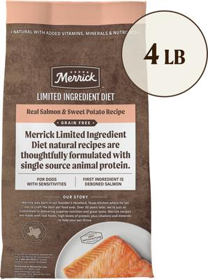Show full view: Merrick Limited Ingredient Diet Grain-Free Chicken-Free Real Salmon & Sweet Potato Recipe Dry Dog Food, 4-lb bag slide 3 of 12