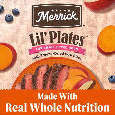 Show full view: Merrick Lil' Plates Grain-Free Chicken-Free Real Beef, Sweet Potato + Peas with Raw Bites Recipe Small Breed Dry Dog Food, 10-lb bag slide 6 of 11