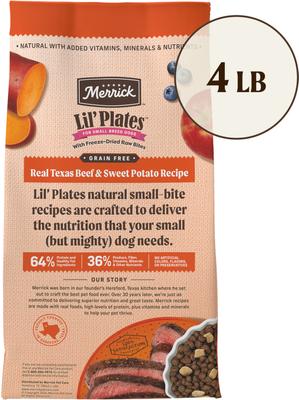 Show full view: Merrick Lil' Plates Grain-Free Chicken-Free Real Beef, Sweet Potato + Peas with Raw Bites Recipe Small Breed Dry Dog Food, 4-lb bag slide 3 of 12