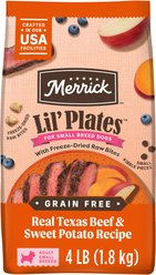 Merrick Lil' Plates Grain-Free Chicken-Free Real Beef, Sweet Potato + Peas with Raw Bites Recipe Small Breed Dry Dog Food, 4-lb bag