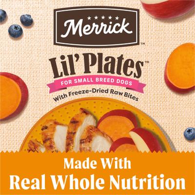 Show full view: Merrick Lil' Plates Grain-Free Small Breed Dry Dog Food Real Chicken, Sweet Potatoes + Peas with Raw Bites Recipe, 4-lb bag slide 5 of 12