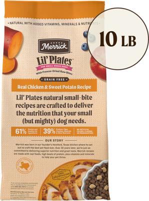 Show full view: Merrick Lil' Plates Grain-Free Small Breed Dry Dog Food Real Chicken, Sweet Potatoes + Peas with Raw Bites Recipe, 10-lb bag slide 3 of 12