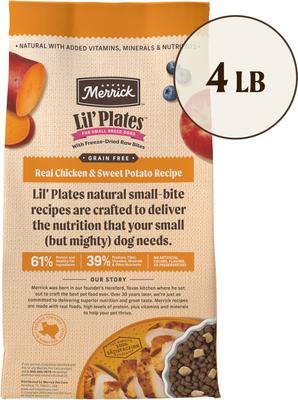 Show full view: Merrick Lil' Plates Grain-Free Small Breed Dry Dog Food Real Chicken, Sweet Potatoes + Peas with Raw Bites Recipe, 4-lb bag slide 3 of 12