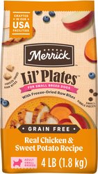 Merrick Lil' Plates Grain-Free Small Breed Dry Dog Food Real Chicken, Sweet Potatoes + Peas with Raw Bites Recipe, 4-lb bag