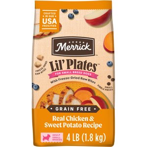 Merrick Lil' Plates Grain-Free Small Breed Dry Dog Food Real Chicken, Sweet Potatoes + Peas with Raw Bites Recipe, 4-lb bag