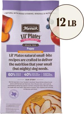 Show full view: Merrick Lil' Plates Grain-Free Small Breed Dry Dog Food Puppy Real Chicken + Sweet Potato Recipe, 12-lb bag slide 3 of 12