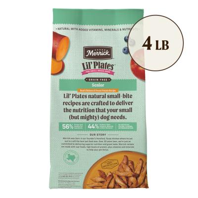 Show full view: Merrick Lil' Plates Grain-Free Small Breed Dry Dog Food Senior Real Chicken + Sweet Potato Recipe, 4-lb bag slide 3 of 12