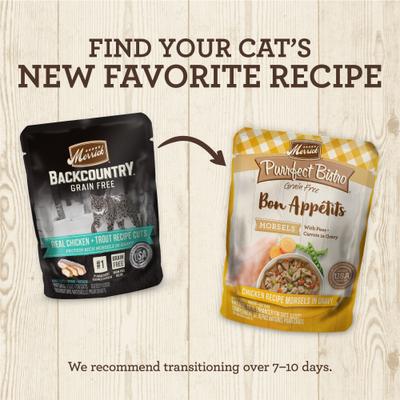 Show full view: Merrick Backcountry Grain-Free Real Chicken & Trout Recipe Cuts Morsels in Gravy Cat Food Pouches, 3-oz, case of 24 slide 4 of 12