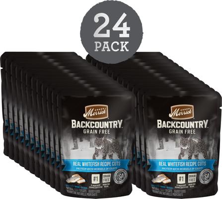 Show full view: Merrick Backcountry Grain-Free Morsels in Gravy Real Whitefish Recipe Cuts Cat Food Pouches, 3-oz, case of 24 slide 3 of 12