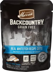 Merrick Backcountry Grain-Free Morsels in Gravy Real Whitefish Recipe Cuts Cat Food Pouches, 3-oz, case of 24