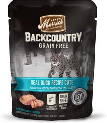 Merrick Backcountry Grain-Free Morsels in Gravy Real Duck Recipe Cuts Cat Food Pouches, 3-oz, case of 24