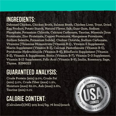 Show full view: Merrick Backcountry Grain-Free Real Chicken & Trout Recipe Cuts Morsels in Gravy Cat Food Pouches, 3-oz, case of 24 slide 8 of 12