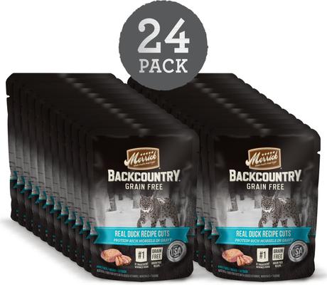 Show full view: Merrick Backcountry Grain-Free Morsels in Gravy Real Duck Recipe Cuts Cat Food Pouches, 3-oz, case of 24 slide 3 of 12
