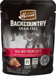 Merrick Backcountry Grain-Free Morsels in Gravy Real Beef Recipe Cuts Cat Food Pouches, 3-oz, case of 24