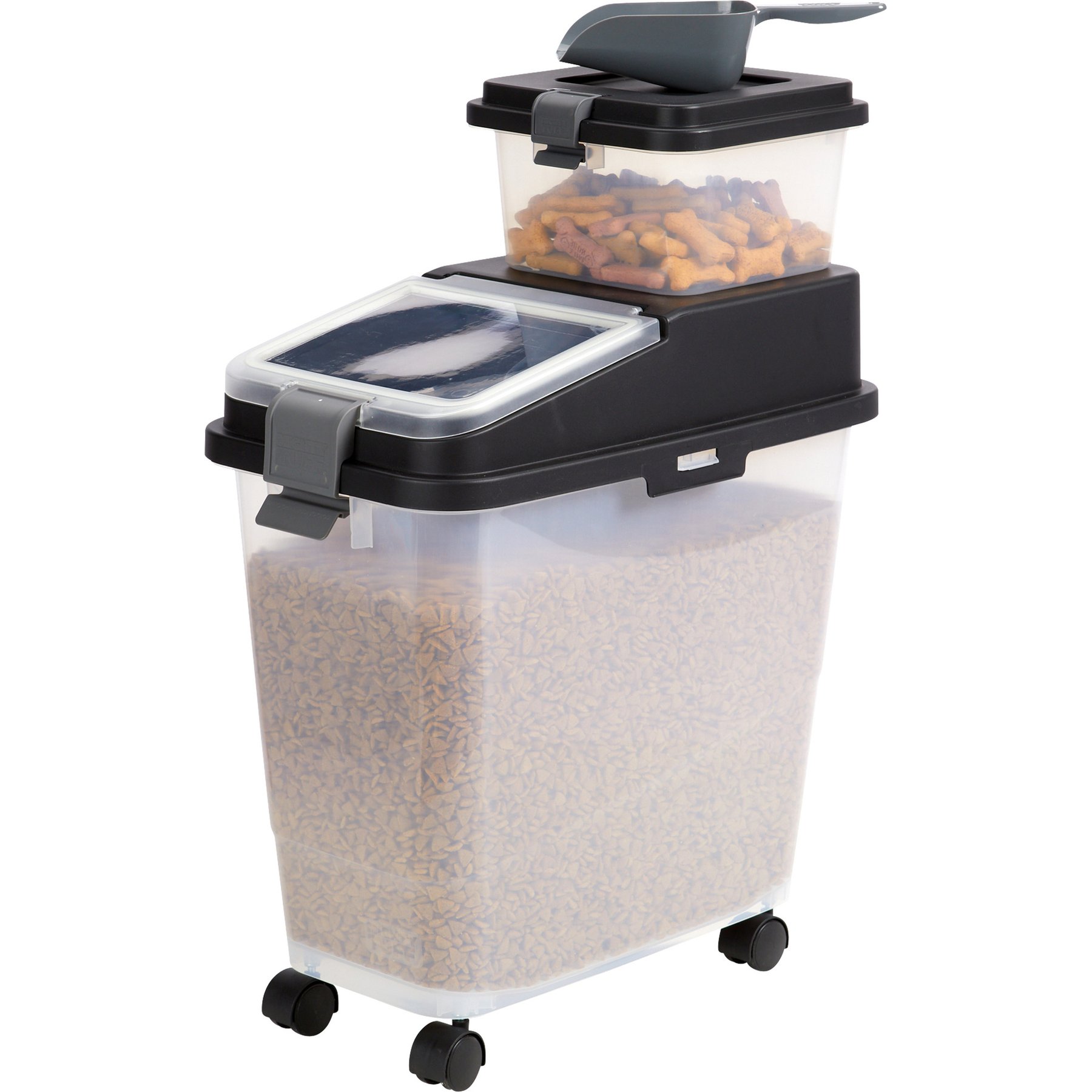 Mighty Tuff Airtight Pet Food Storage Container with Wheels, Scoop, & Treat Container, Gray, 36-lb