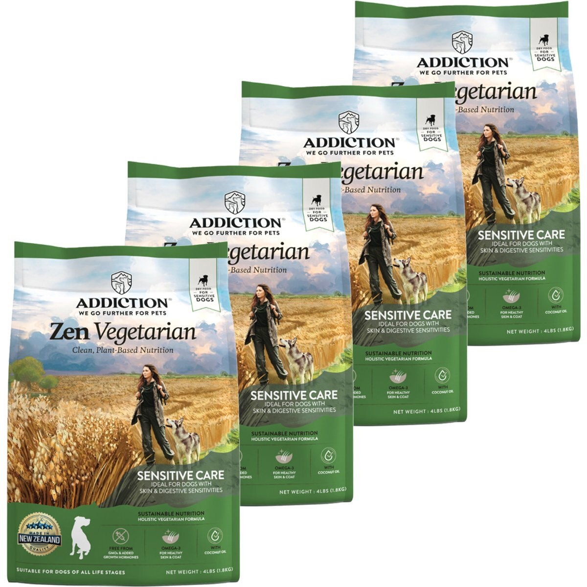 Addiction Zen Vegetarian Plant Based Skin & Coat Health Dry Dog Food, 4-lb bag, bundle of 4