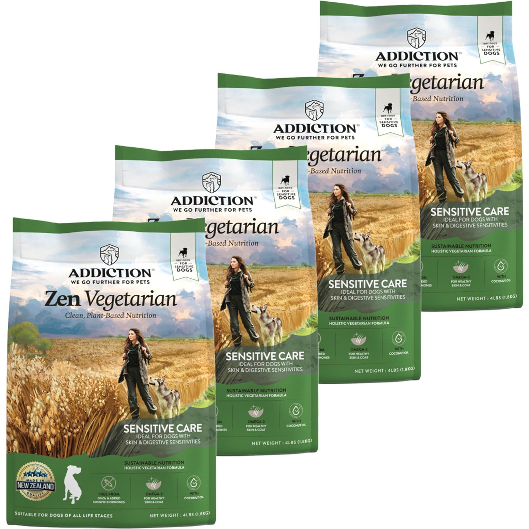 Addiction Zen Vegetarian Plant Based Skin & Coat Health Dry Dog Food, 4-lb bag, bundle of 4