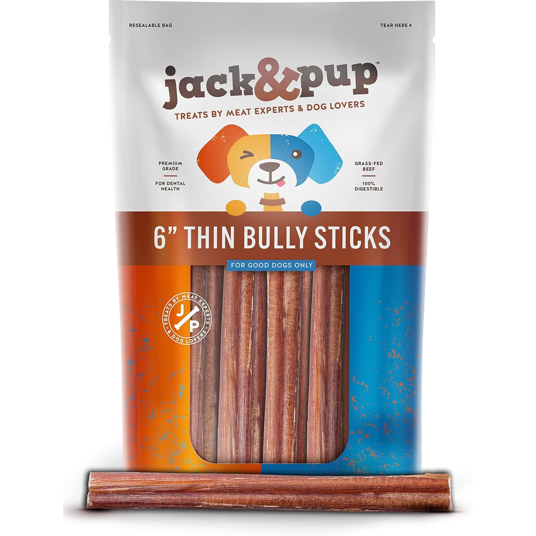Jack & Pup Odor Free 6-inch Thin Beef Bully Stick Dog Chews, 10 count