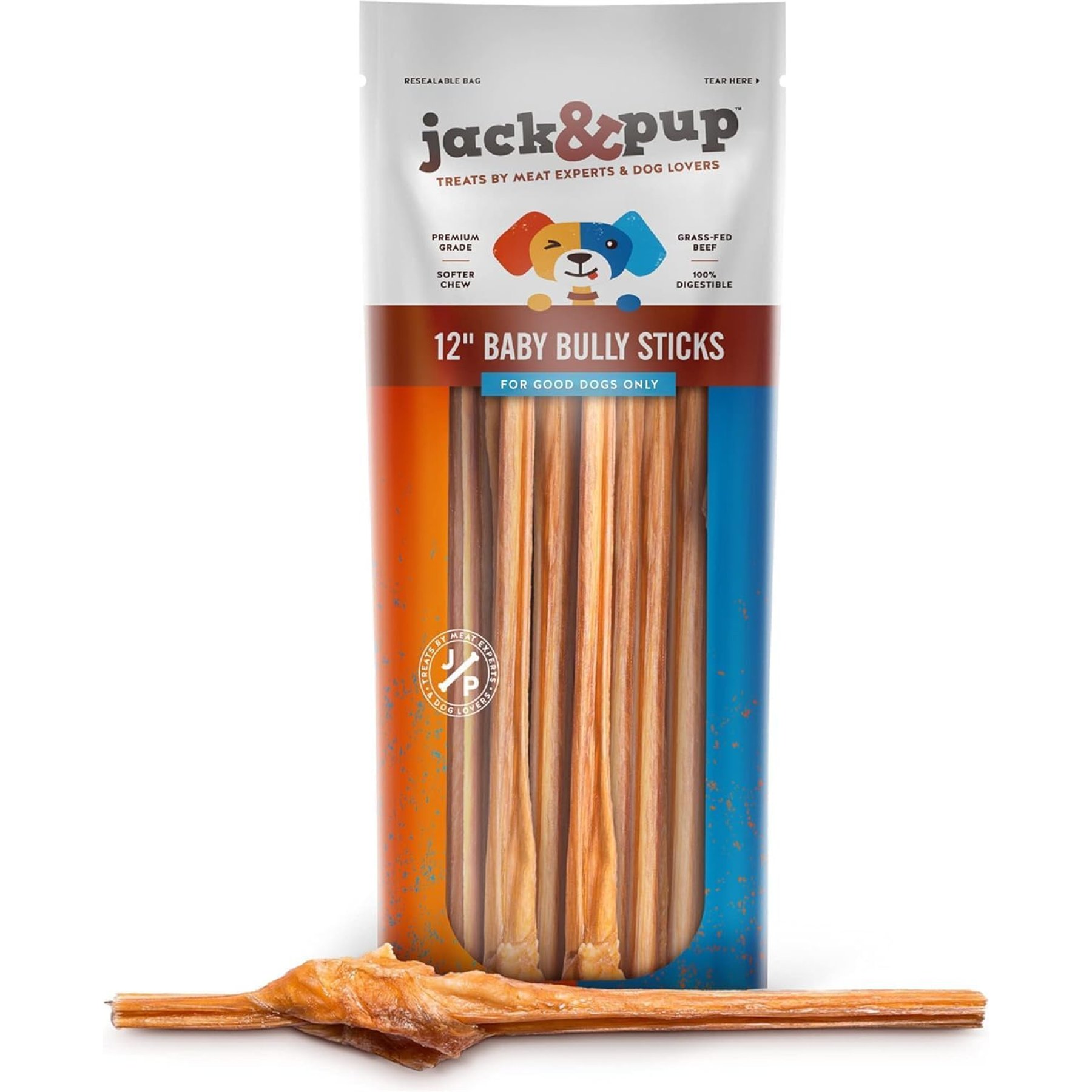 Jack & Pup 12-inch Junior Bully Stick Dog Chews, 18 count