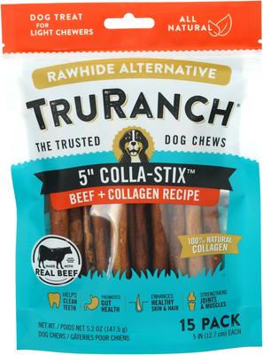 Show full view: TruRanch Beef Collagen Sticks Hard Chew Treats, 5-in, 15 count + Beef Collagen Chips Hard Chew Dog Treats, 6-in, 8.2-oz bag slide 2 of 8