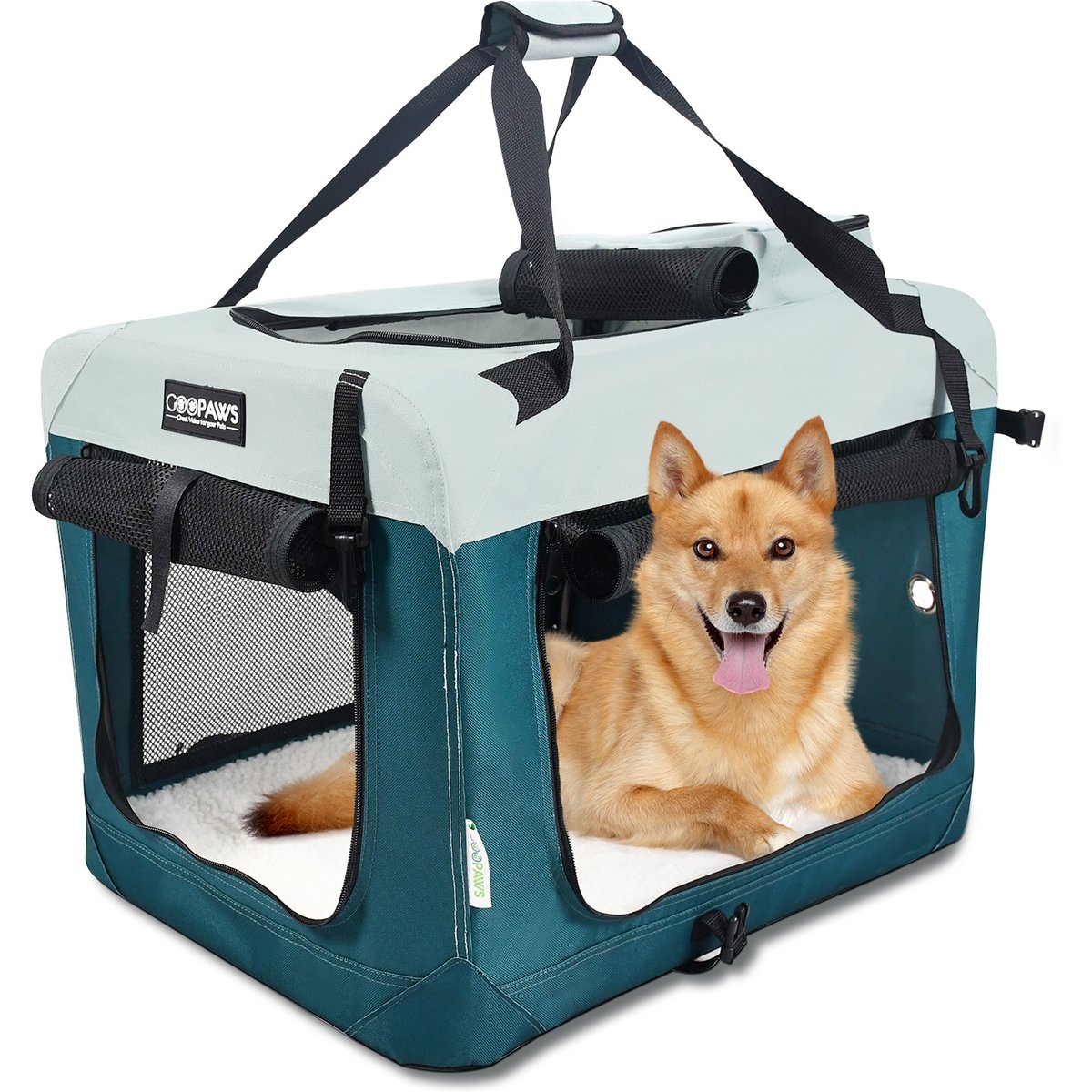 GOOPAWS 3-Door Collapsible Soft-Sided Dog & Cat Crate, Teal Blue, Large