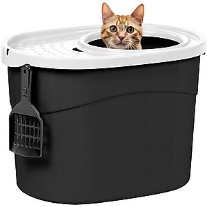 IRIS Large Round Top Entry Cat Litter Box & Scoop, Black/White