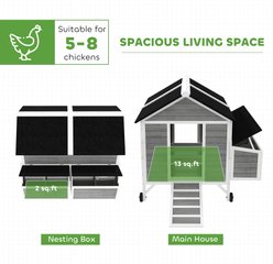 PawHut 59-in Portable Wooden Chicken Coop, 2 Nesting Boxes, Lockable Doors, 2 Wheels, Handles, Gray slide 2 of 9