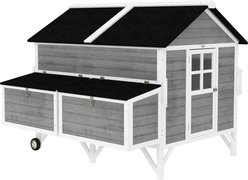 PawHut 59-in Portable Wooden Chicken Coop, 2 Nesting Boxes, Lockable Doors, 2 Wheels, Handles, Gray