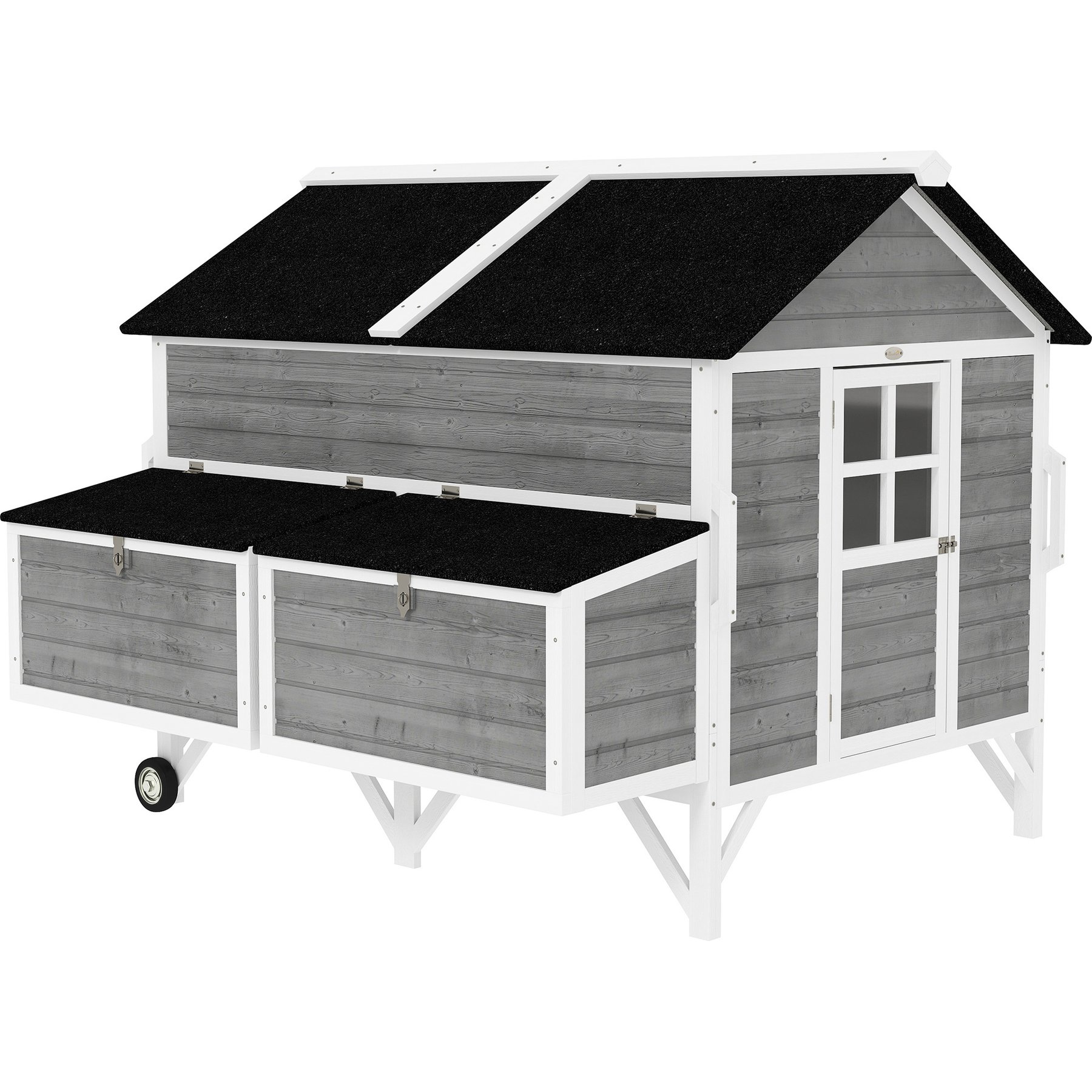 PawHut 59-in Portable Wooden Chicken Coop, 2 Nesting Boxes, Lockable Doors, 2 Wheels, Handles, Gray
