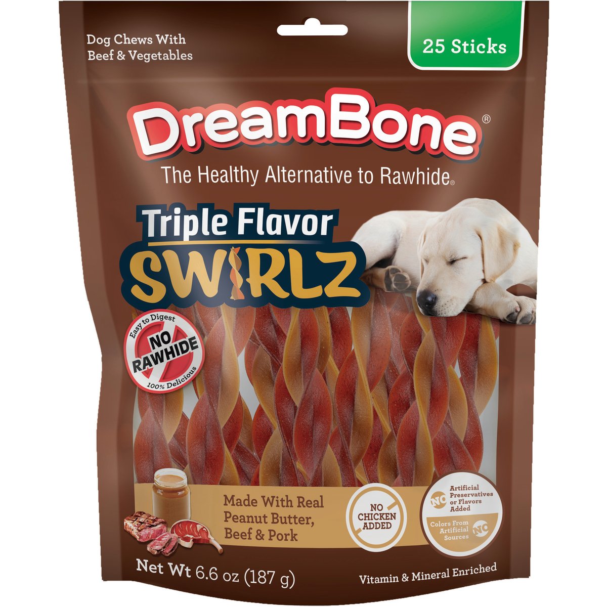 DreamBone Triple Flavor Swirlz Real Peanut Butter, Beef & Pork Rawhide Free Dog Chews, 25 count