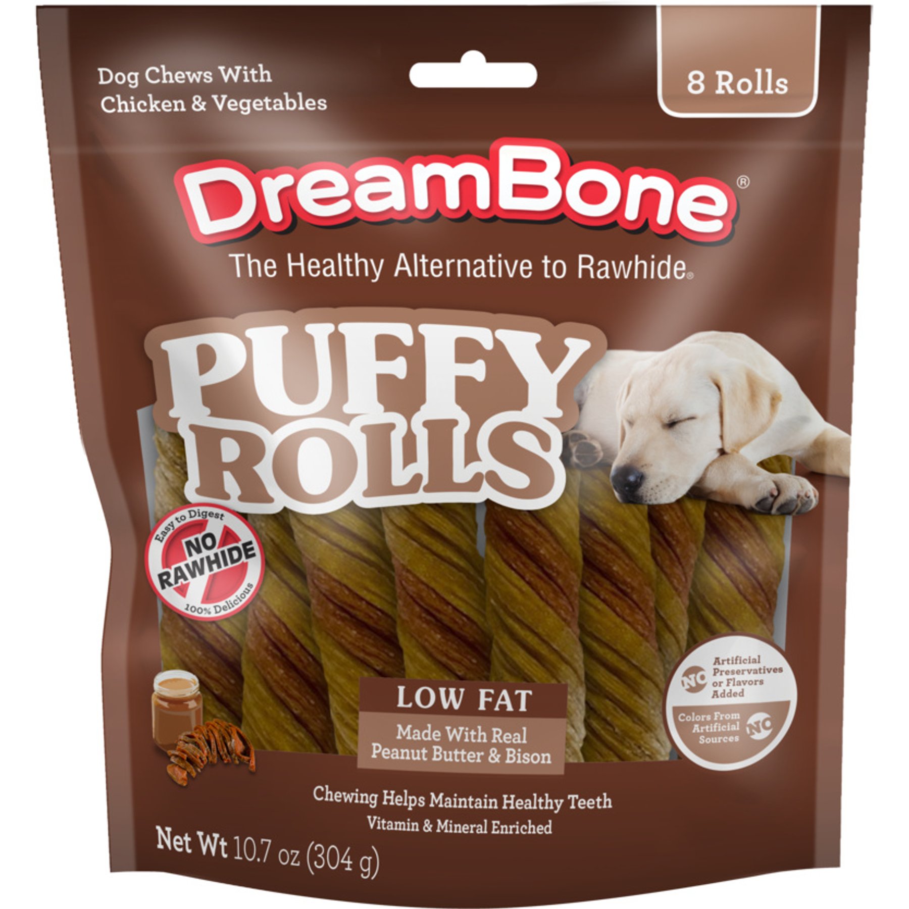 DreamBone Puffy Rolls Real Peanut Butter & Bison Rawhide Free Dog Chews, 8 count