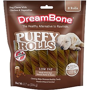 DreamBone Puffy Rolls Real Peanut Butter & Bison Rawhide Free Dog Chews, 8 count