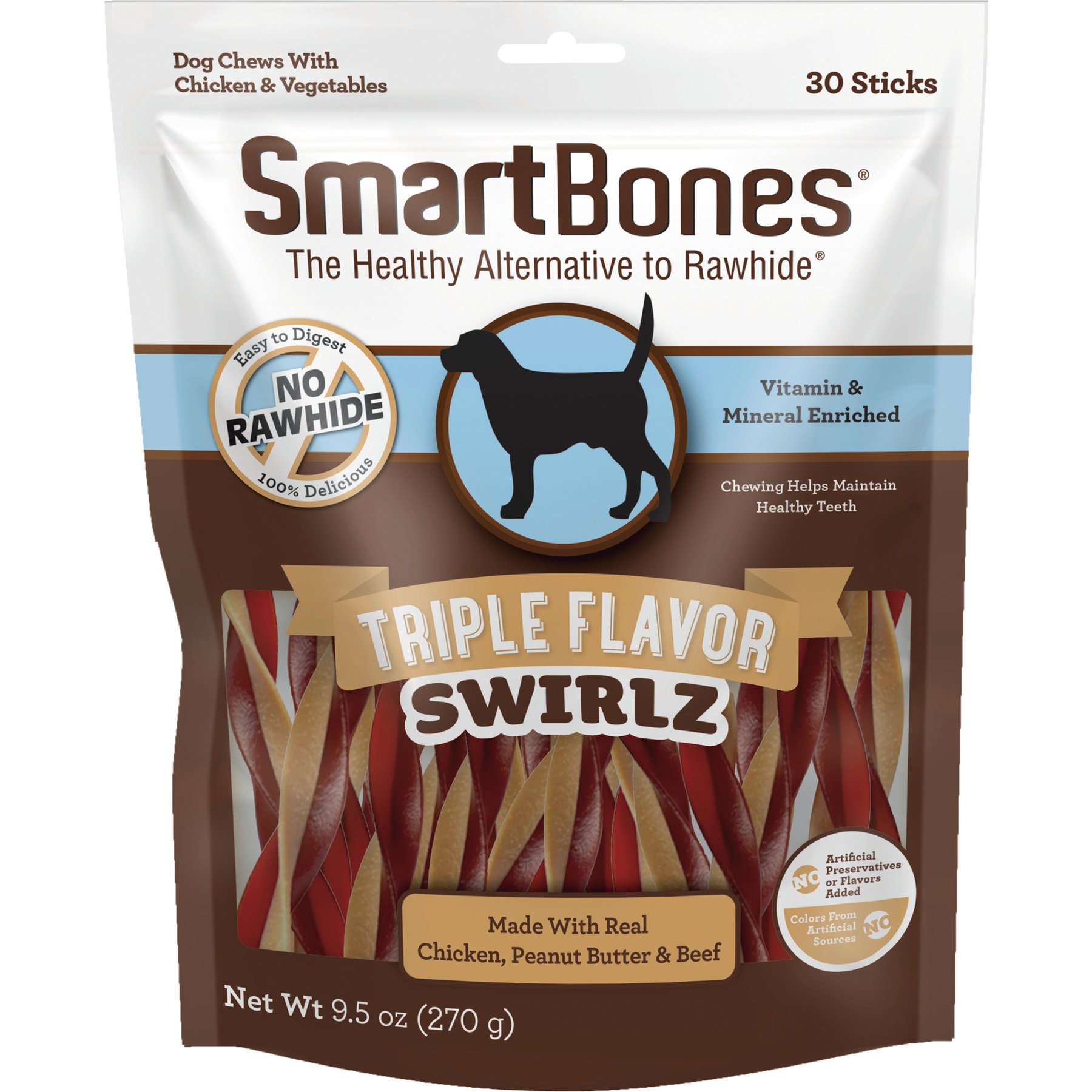 SmartBones Triple Flavor Swirlz Real Chicken, Peanut Butter & Beef Hard Dog Chew Treats, 30 count