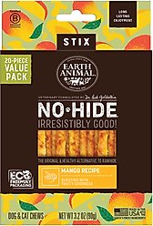 Earth Animal No-Hide Stix Long Lasting Natural Rawhide Alternative Mango Vegetarian Recipe Chew Dog & Cat Treat Sticks, 20 count