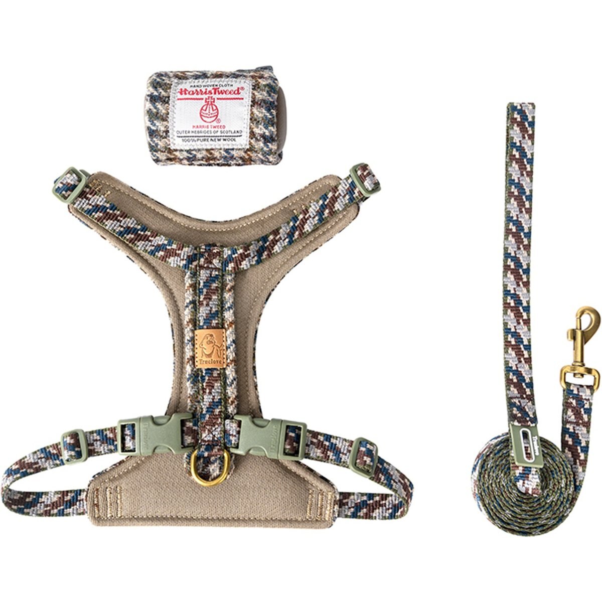 Chai's Choice Fashionable Harris Tweed Wool Dog Poop Bag Dispenser, Leash & Harness, Pesto, Large: 15 to 21.5-in chest