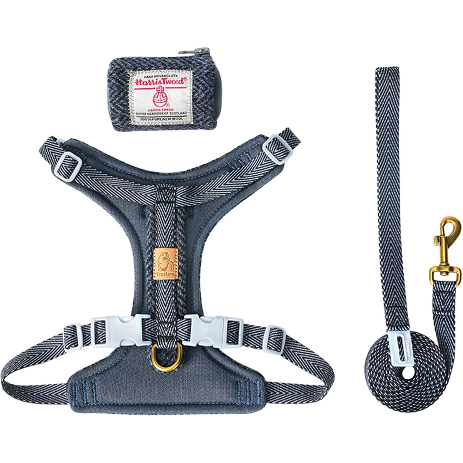 Chai's Choice Fashionable Harris Tweed Wool Dog Poop Bag Dispenser, Leash & Harness, Dark Denim, Small: 11 to 15-in chest