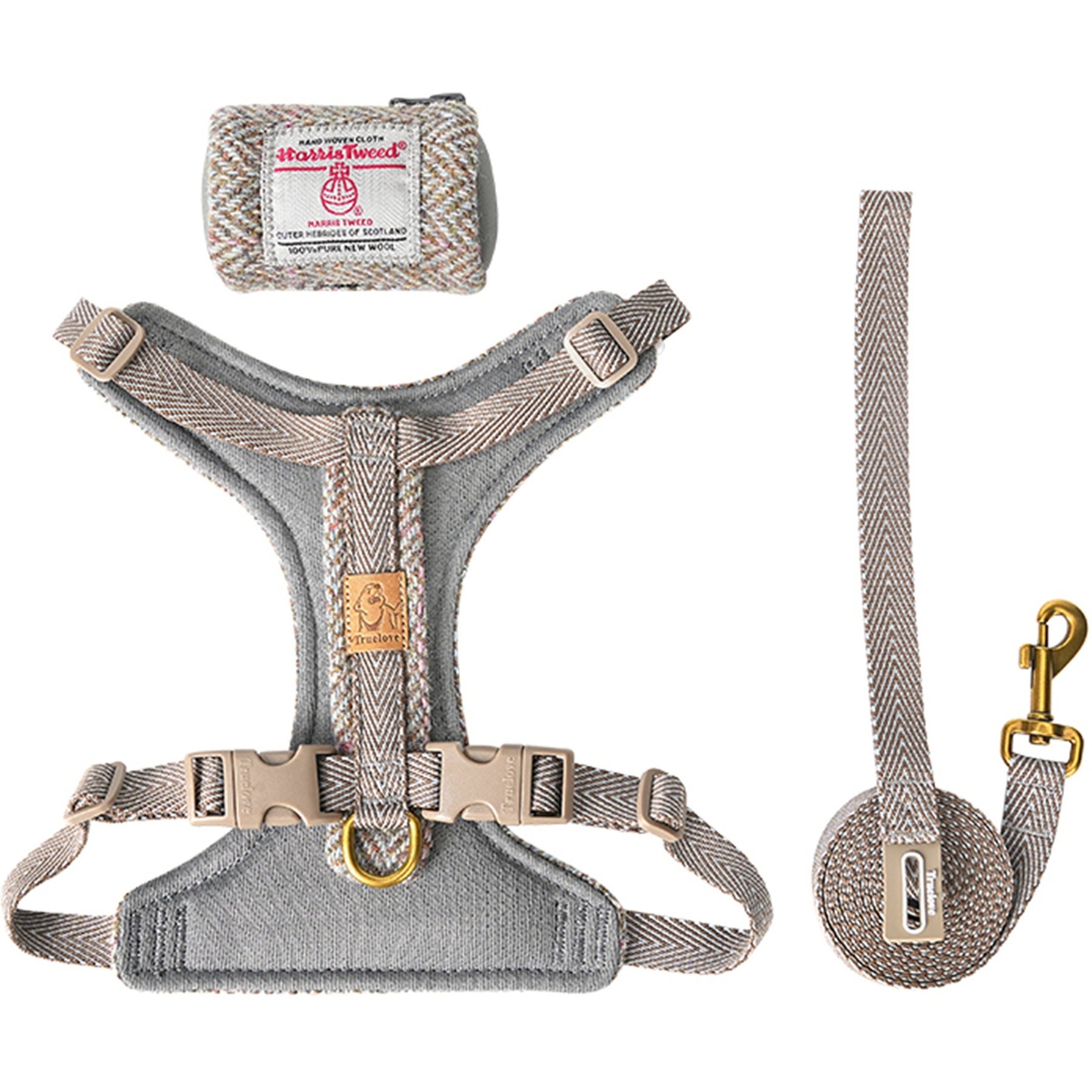 Chai's Choice Fashionable Harris Tweed Wool Dog Poop Bag Dispenser, Leash & Harness, Timber Wolf, Medium: 13 to 16.5-in chest