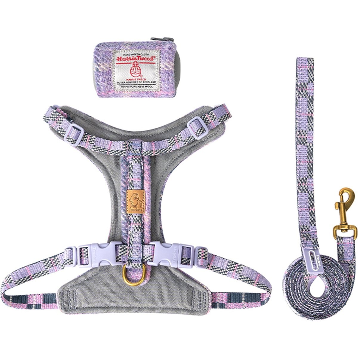 Chai's Choice Fashionable Harris Tweed Wool Dog Poop Bag Dispenser, Leash & Harness, Lavender, Large: 15 to 21.5-in chest