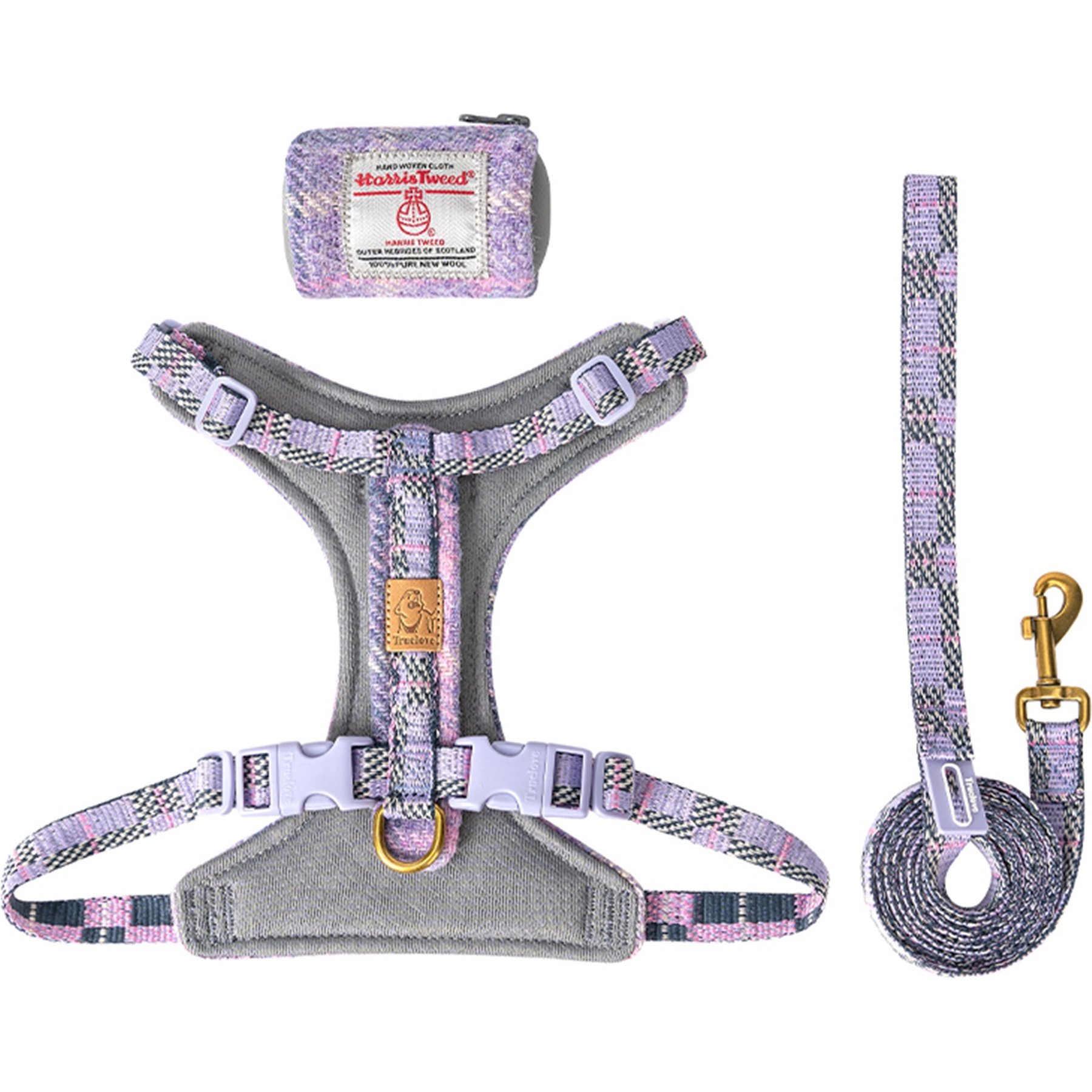 Chai's Choice Fashionable Harris Tweed Wool Dog Poop Bag Dispenser, Leash & Harness, Lavender, Medium: 13 to 16.5-in chest