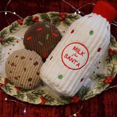 Show full view: HuggleHounds Christmas Santa Paws' Milk & Cookies Tough Plush Dog Toy Gift Pack, 3 count slide 9 of 9