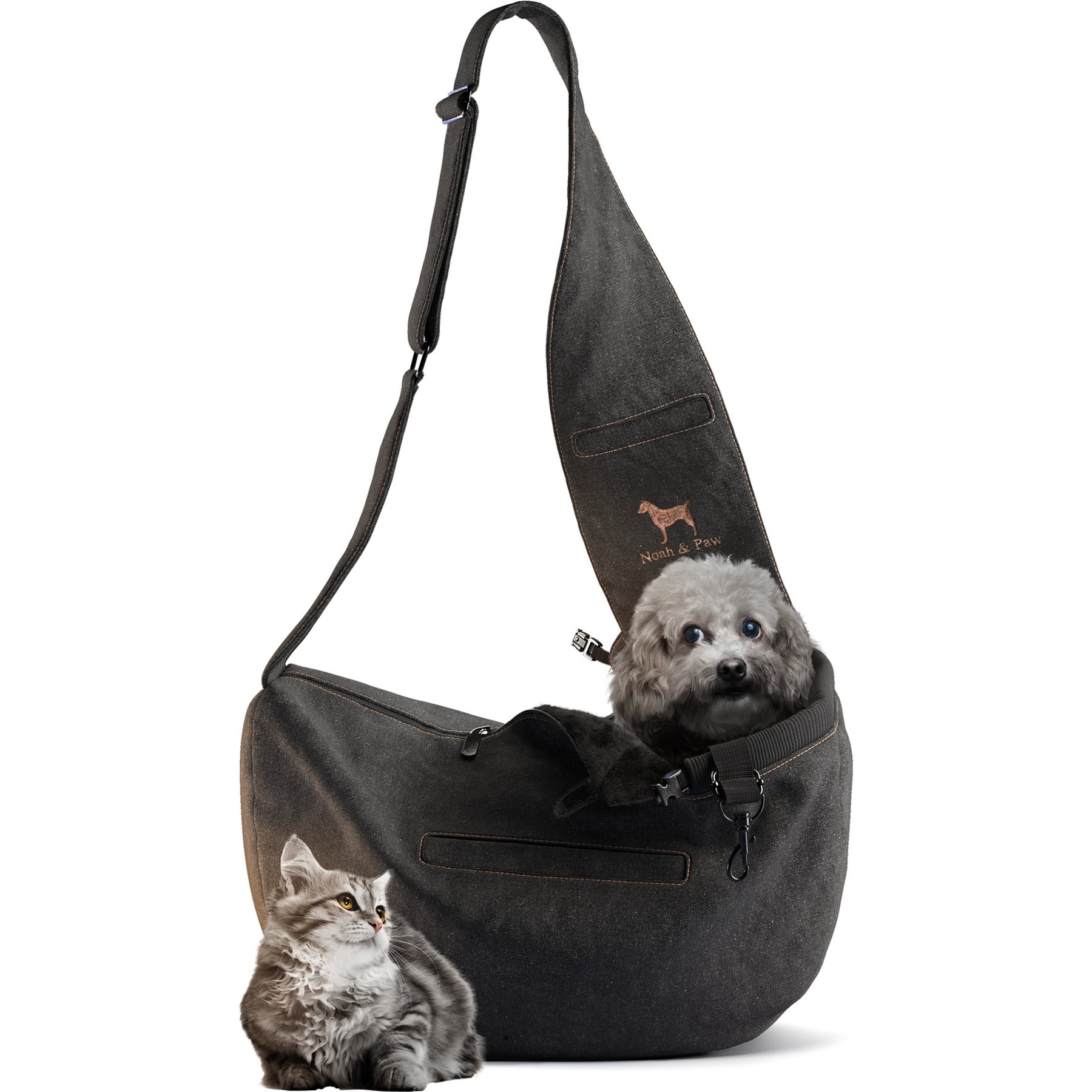 Noah & Paw Machine Washable Denim Zippered Dog & Cat Sling Carrier, Medium, Black