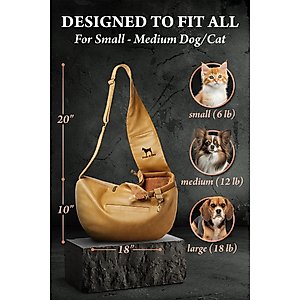 Noah & Paw Vegan Leather 3X Safety Small Dog & Cat Sling Carrier, Medium, Camel