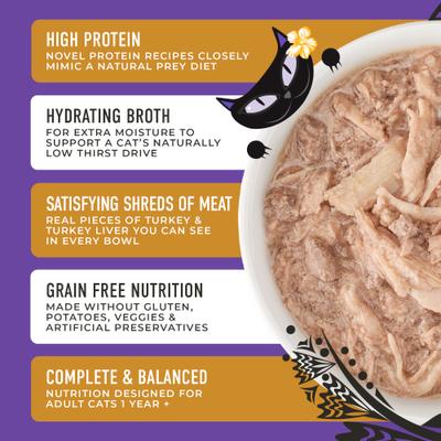 Show full view: Tiki Cat After Dark Turkey & Turkey Liver Grain-Free Shredded Wet Cat Food, 3-oz can, case of 12 slide 5 of 10