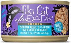 Tiki Cat After Dark Chicken, Chicken Liver & Quail Grain-Free Shredded Wet Cat Food, 3-oz can, case of 12