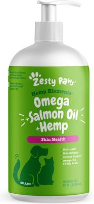 Show full view: Zesty Paws All Ages Calming Bites Behavior Bacon Flavor Cat Supplement, 60 count + Zesty Paws Hemp Elements Salmon Flavored Omega Oil + Hemp Dog & Cat Supplement, 32-oz bottle slide 6 of 9