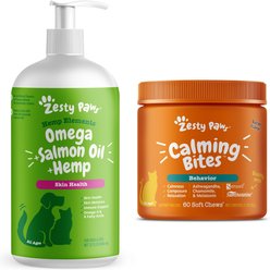 Zesty Paws All Ages Calming Bites Behavior Bacon Flavor Cat Supplement, 60 count + Zesty Paws Hemp Elements Salmon Flavored Omega Oil + Hemp Dog & Cat Supplement, 32-oz bottle