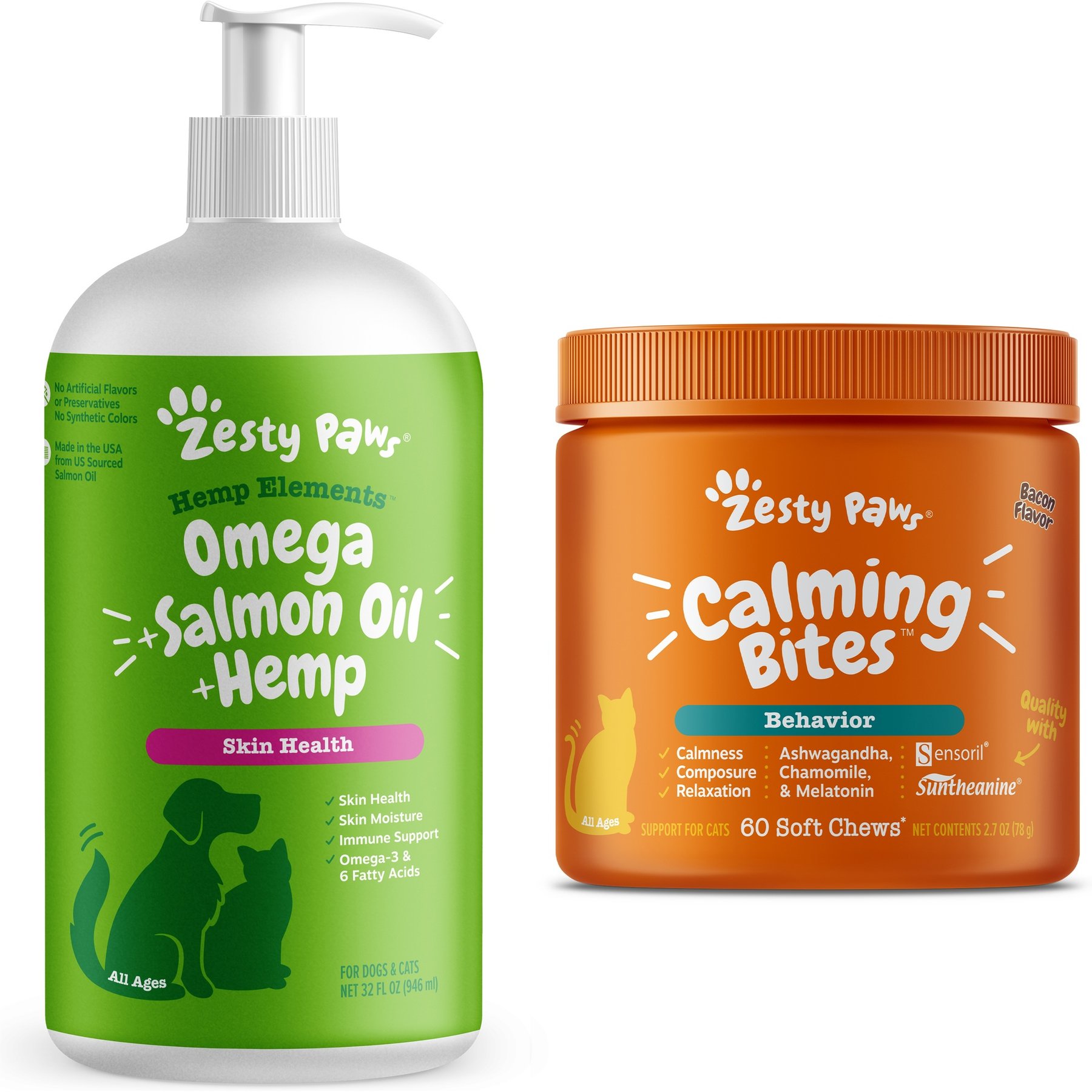 Zesty Paws All Ages Calming Bites Behavior Bacon Flavor Cat Supplement, 60 count + Zesty Paws Hemp Elements Salmon Flavored Omega Oil + Hemp Dog & Cat Supplement, 32-oz bottle
