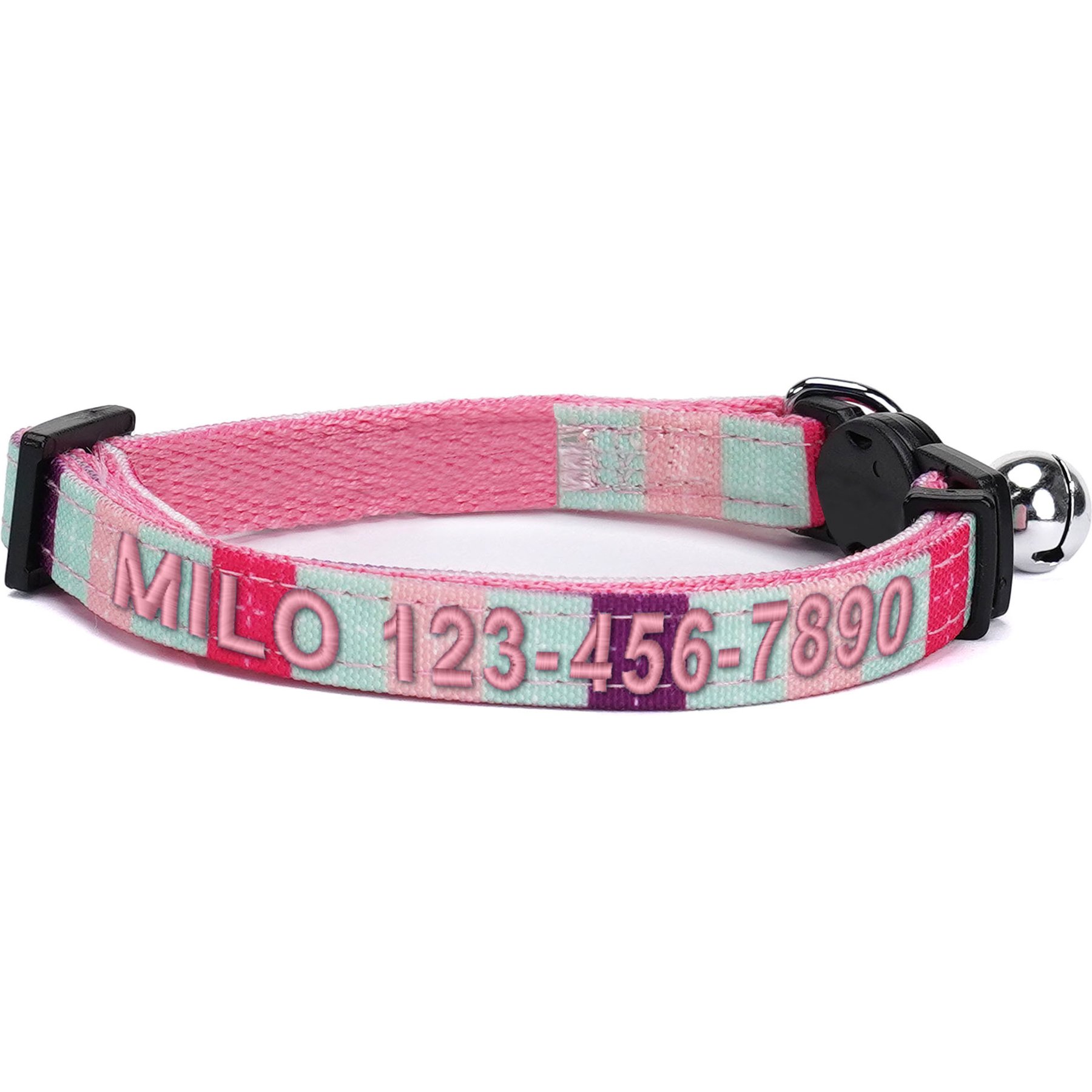 Pawtitas Multicolor Personalized Breakaway Cat Collar, Teal/Pink/Purple, X-Small: 8 to 12-in neck, 3/8-in wide