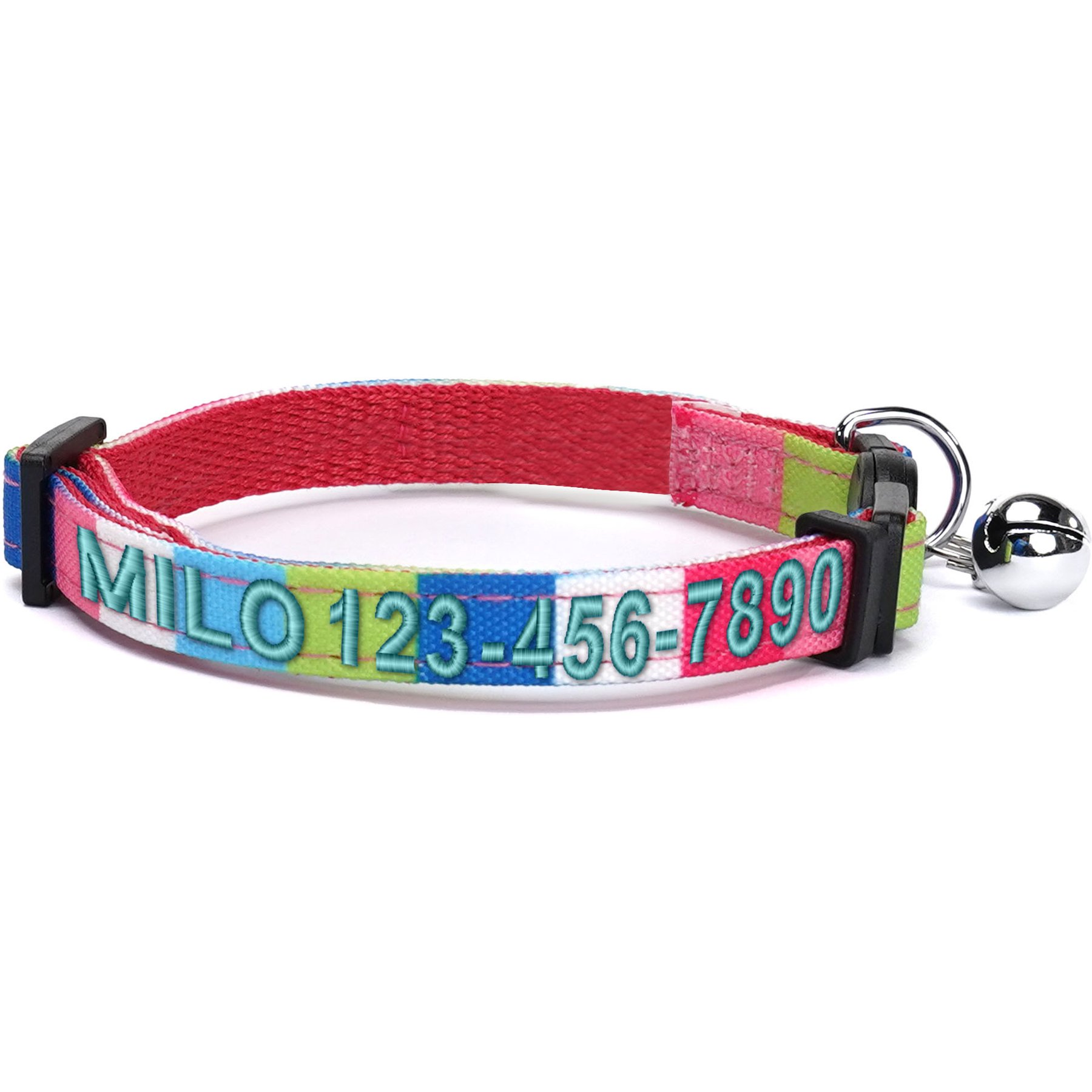 Pawtitas Multicolor Personalized Breakaway Cat Collar, Pink/Blue/Yellow, X-Small: 8 to 12-in neck, 3/8-in wide