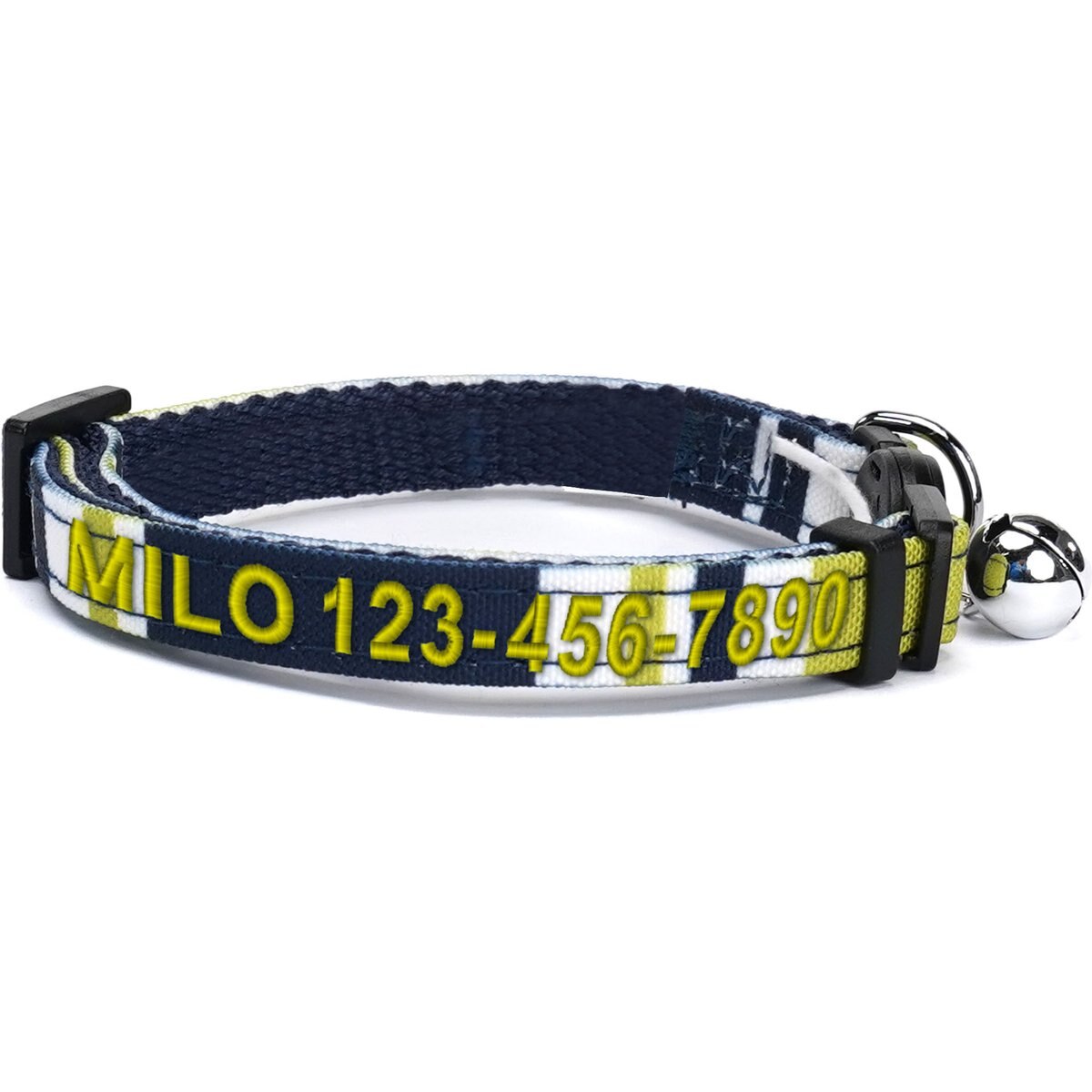 Pawtitas Multicolor Personalized Breakaway Cat Collar, Green/White/Blue, X-Small: 8 to 12-in neck, 3/8-in wide